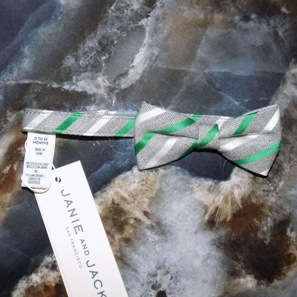 Janie and Jack Gray/ Green/ White Striped Bow Tie Size 0/24 Month's Boy's NEW